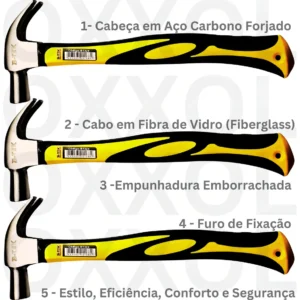 B-Max Oxxol Martelo Unha Carpinteiro Fibra Vidro Emborrachado Kit 3 27mm