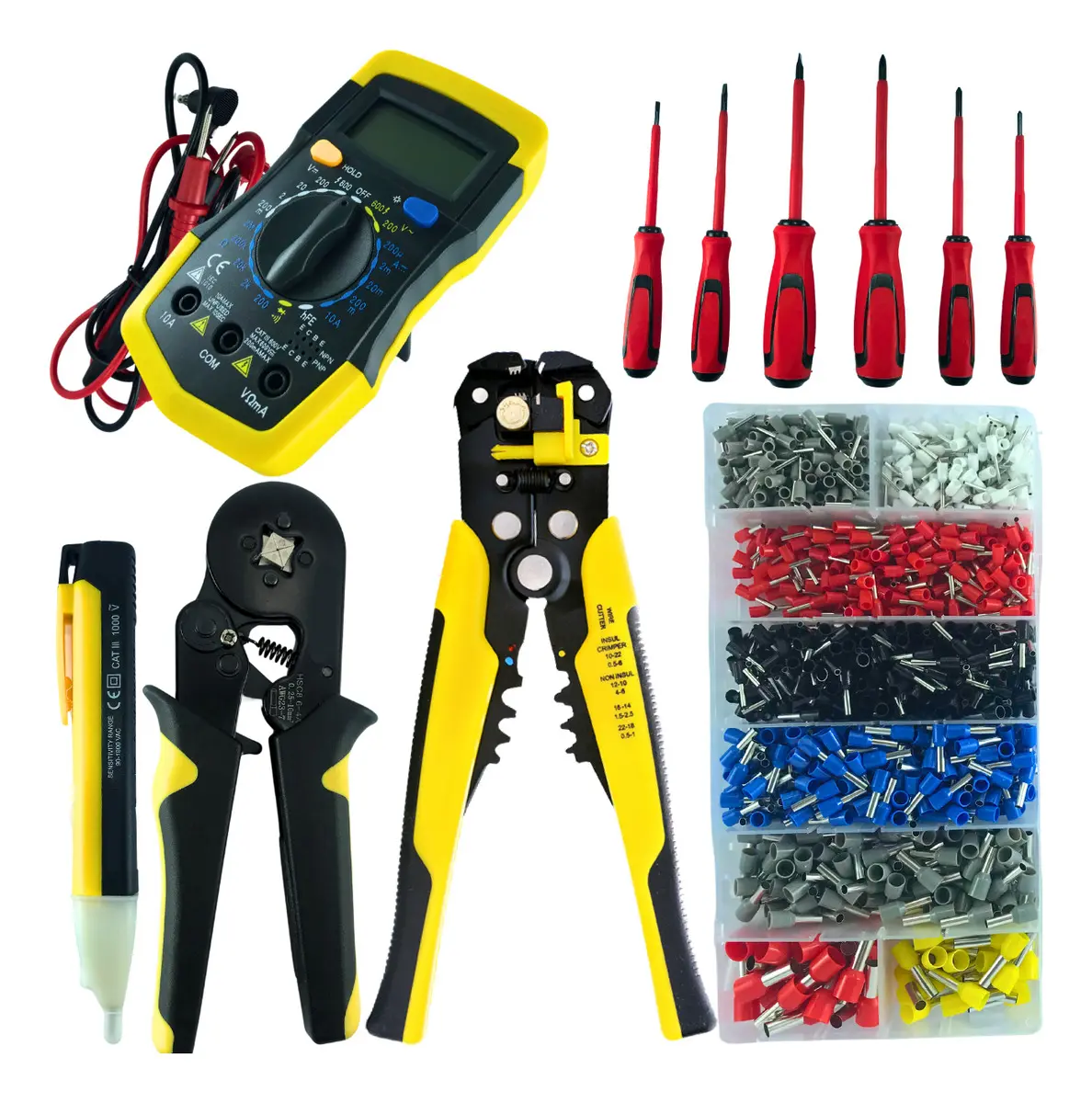Alicate Crimpar Prensa Terminal Decapador Desencapador Fios 1200 Terminais Ilhós Tubular Chaves Isoladas Kit Eletricista Profissional Ferramentas Cietec