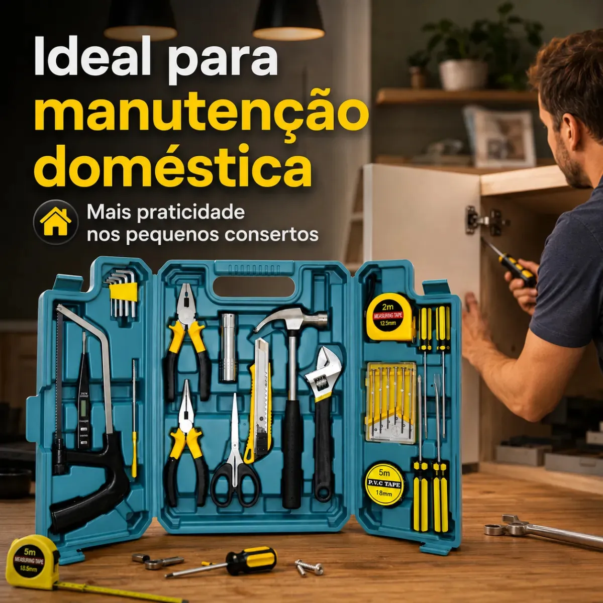 Kit Maleta Jogo Ferramentas 27 Peças Residencial Completa Conserto Oficina Manutenção Chave Inglesa, Estilete, Chaves Allen, Fenda E Phillips, Lanterna, Martelo, Serra, Tesoura, Trena, Fita Isolante - Imagem 3